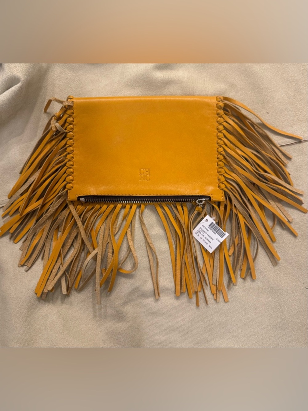 Carolina Herrera Yellow Fringe Leather Clutch Bag